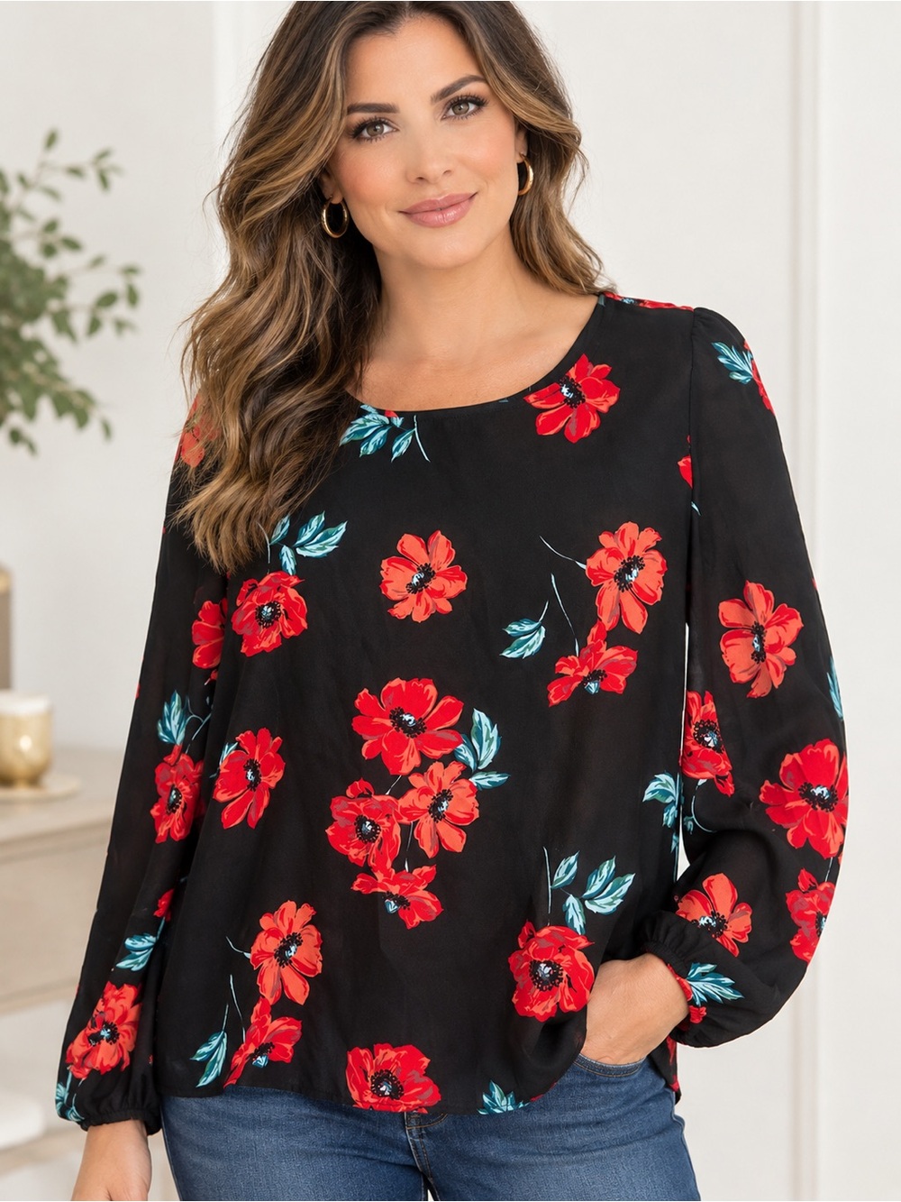 Express Black Blouse with Red Floral Print